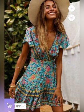 Boho Floral Flutter Sleeve Wrap Mini Dress in Turquoise